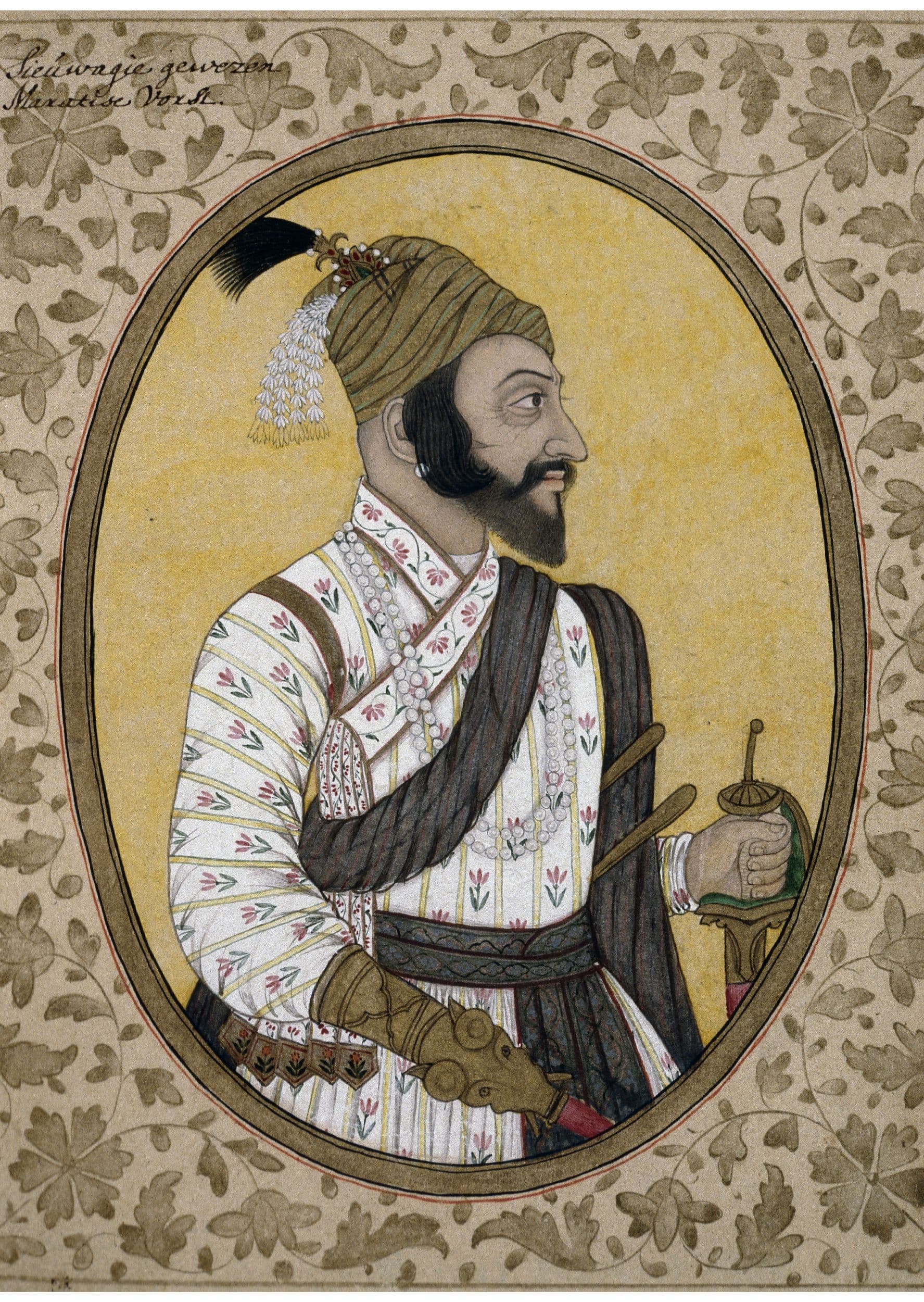 Late seventeenth-century profile portrait of Chhatrapati Shivaji Maharaj in an oval manuscript frame